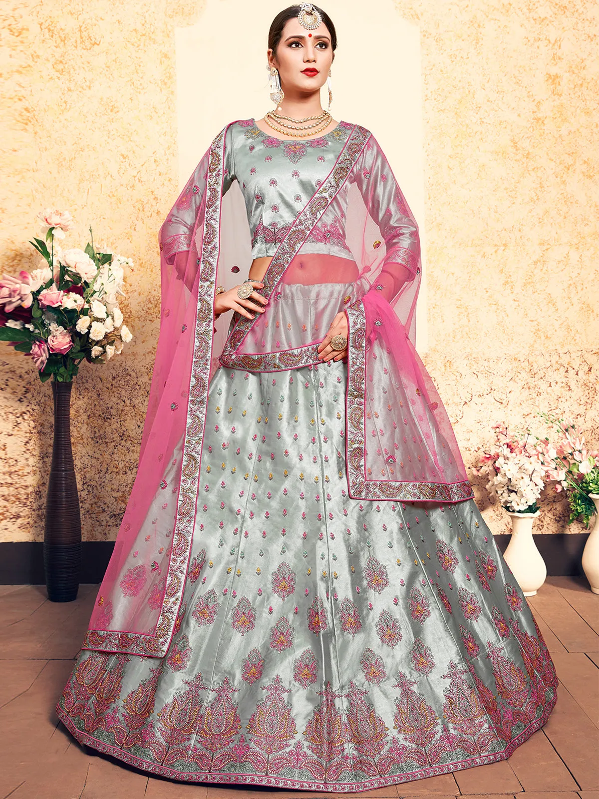 Grey Designer Semi Stitched Lehenga With Unstitched Blouse