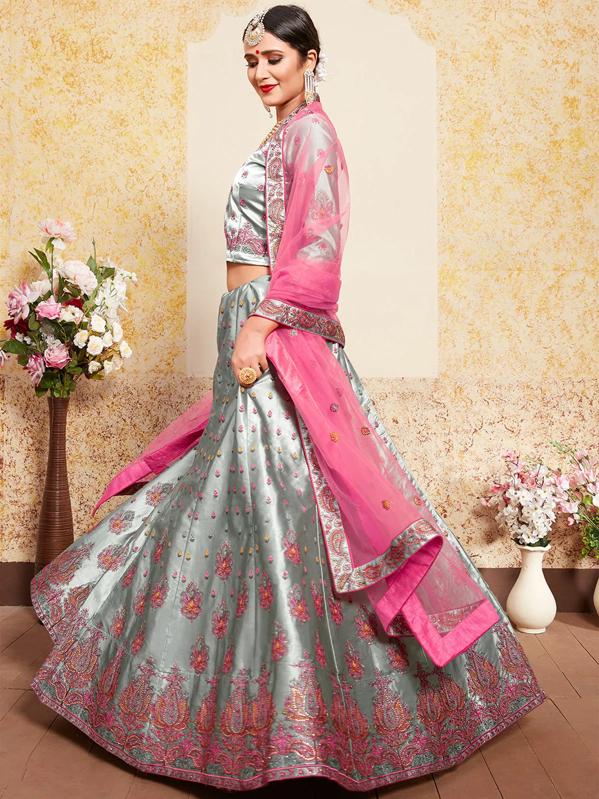 Grey Designer Semi Stitched Lehenga With Unstitched Blouse