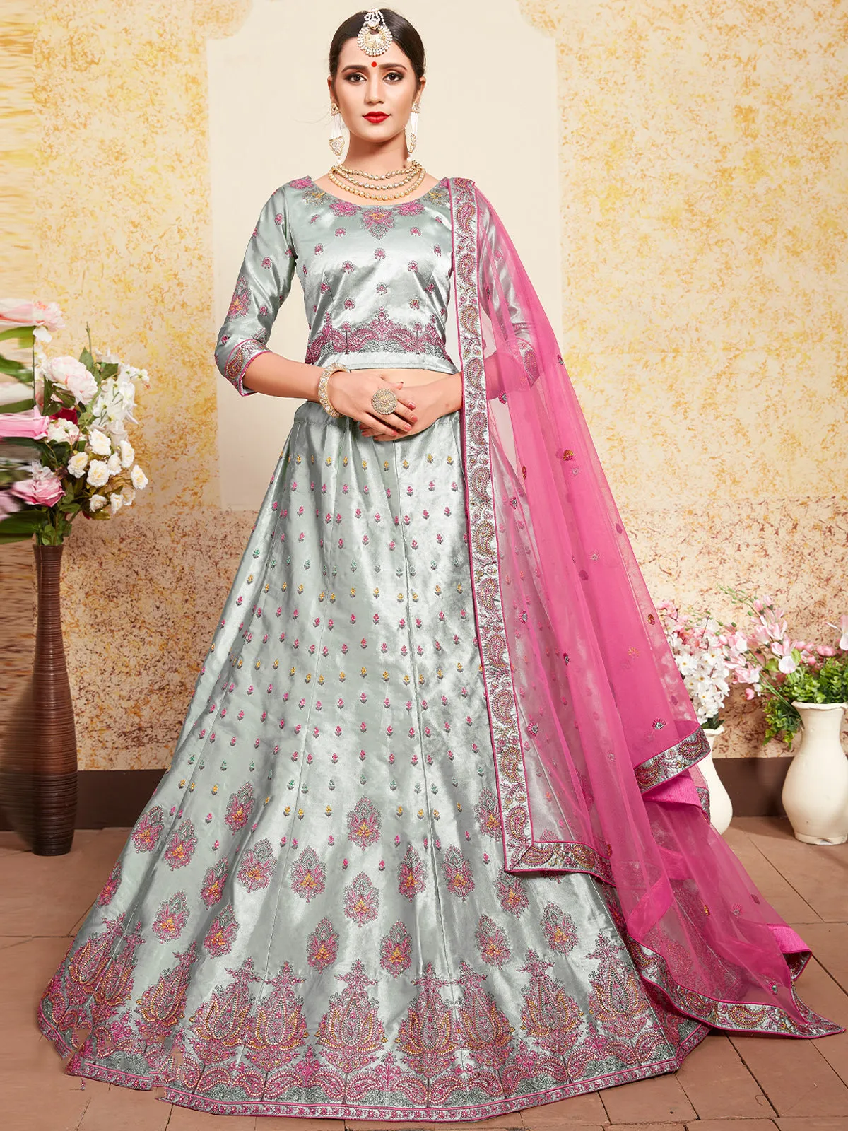 Grey Designer Semi Stitched Lehenga With Unstitched Blouse