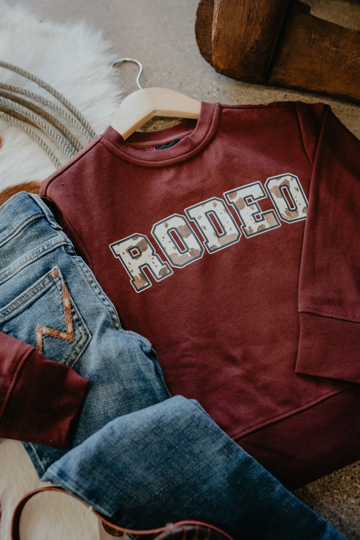 'Harper' Girls Burgundy 'Rodeo' Cowprint Sweatshirt (XS-XL)