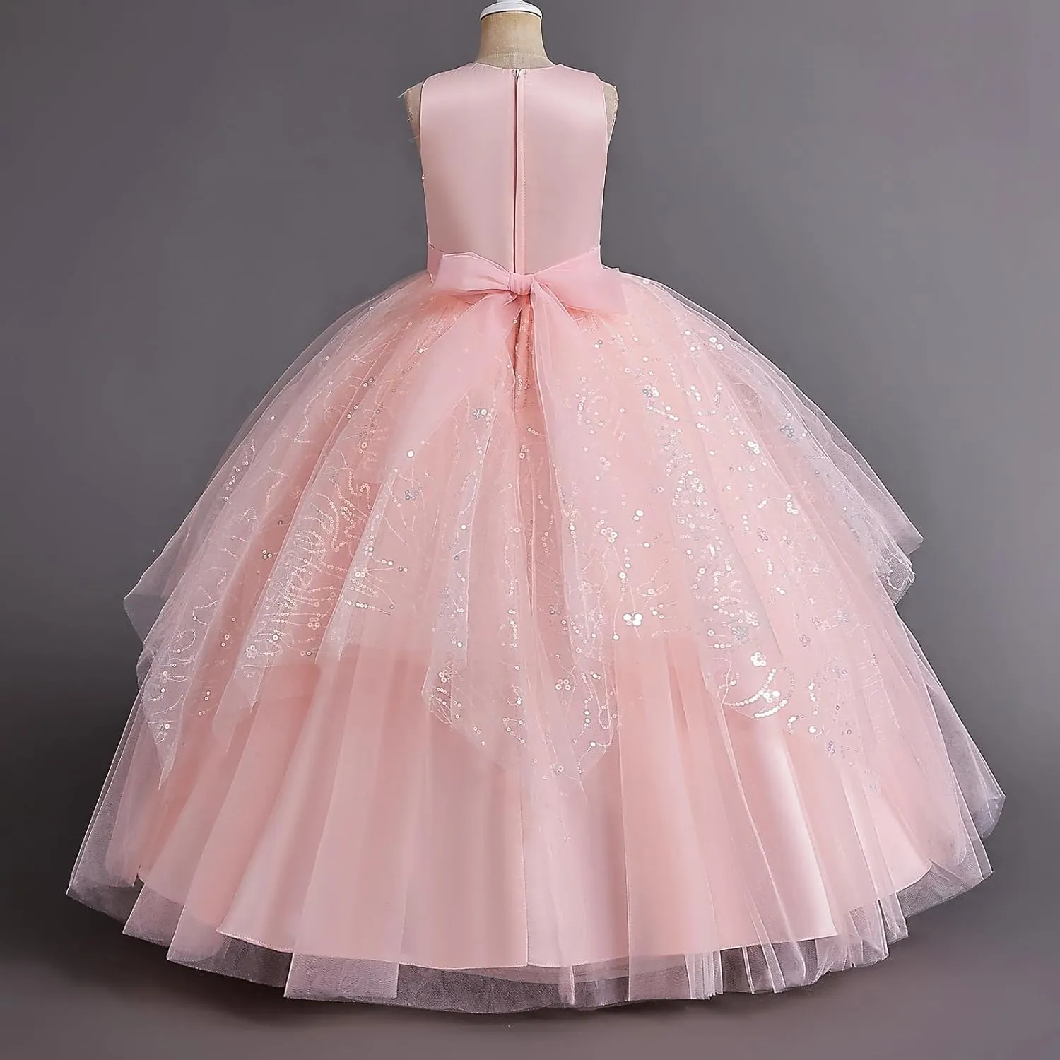 IDOPIP Flower Girl Sequin Appliques Dress for Kids Wedding Pageant Party Long Gown Princess Birthday Communion Tulle Dresses