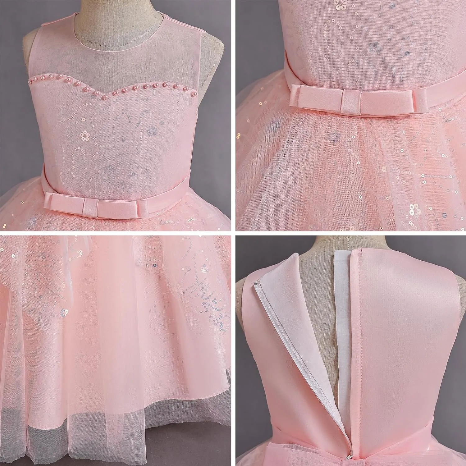 IDOPIP Flower Girl Sequin Appliques Dress for Kids Wedding Pageant Party Long Gown Princess Birthday Communion Tulle Dresses