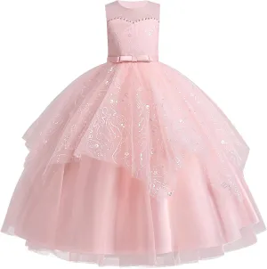 IDOPIP Flower Girl Sequin Appliques Dress for Kids Wedding Pageant Party Long Gown Princess Birthday Communion Tulle Dresses