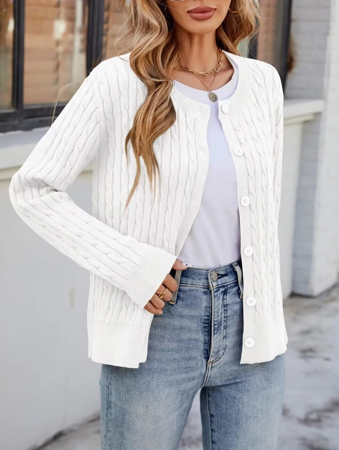 LEEDYA Women Long Sleeve Cable Knit Cardigan Button Down Open Front Cropped Sweater Crewneck Fall Jacket Tops Outfits