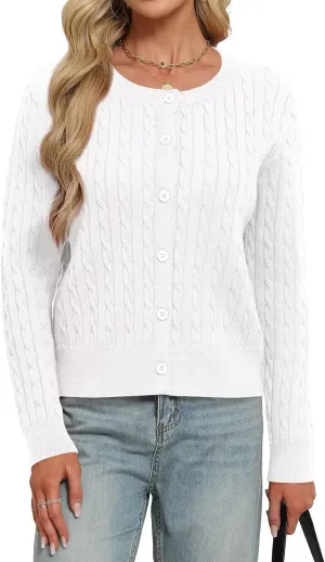 LEEDYA Women Long Sleeve Cable Knit Cardigan Button Down Open Front Cropped Sweater Crewneck Fall Jacket Tops Outfits