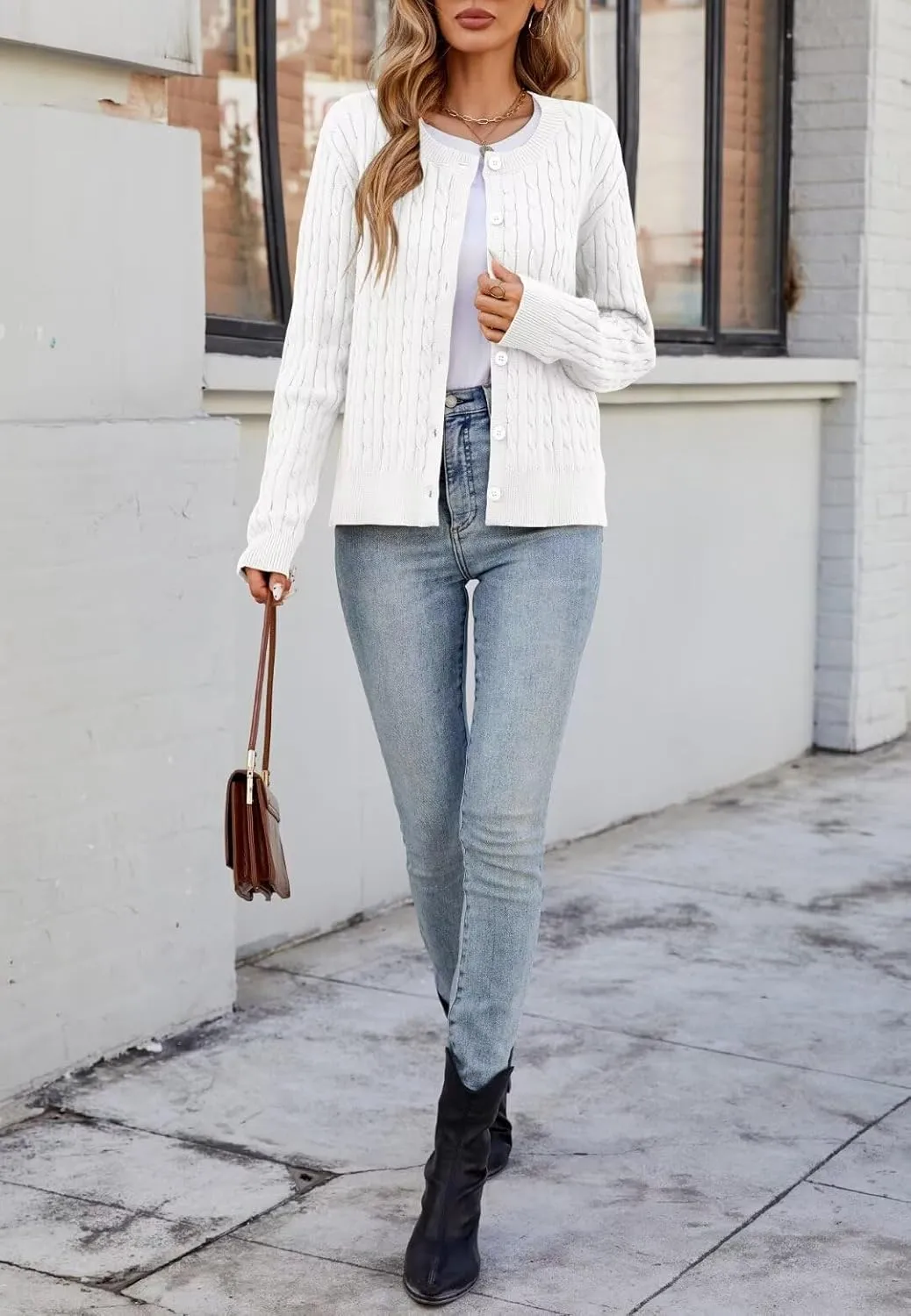 LEEDYA Women Long Sleeve Cable Knit Cardigan Button Down Open Front Cropped Sweater Crewneck Fall Jacket Tops Outfits