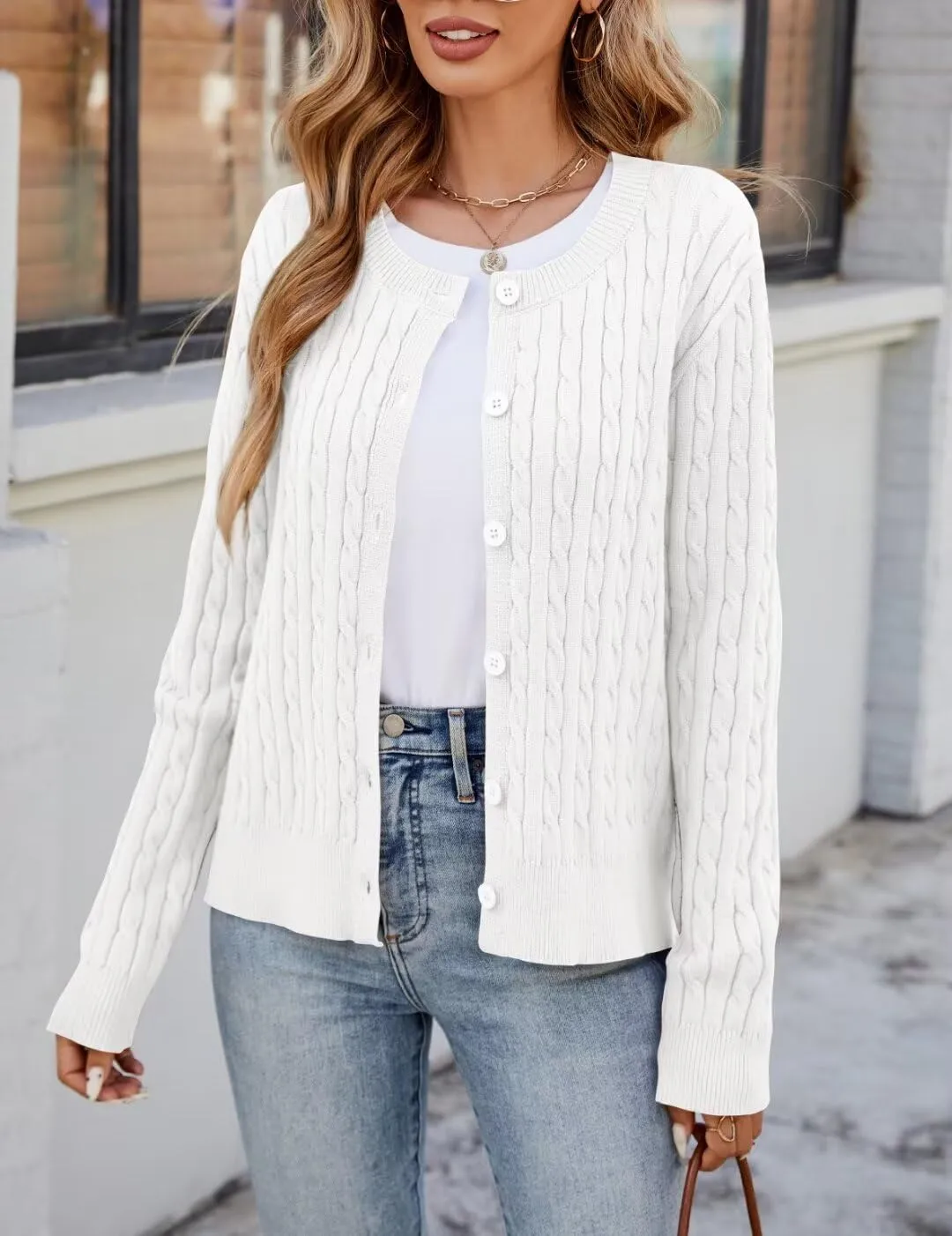 LEEDYA Women Long Sleeve Cable Knit Cardigan Button Down Open Front Cropped Sweater Crewneck Fall Jacket Tops Outfits