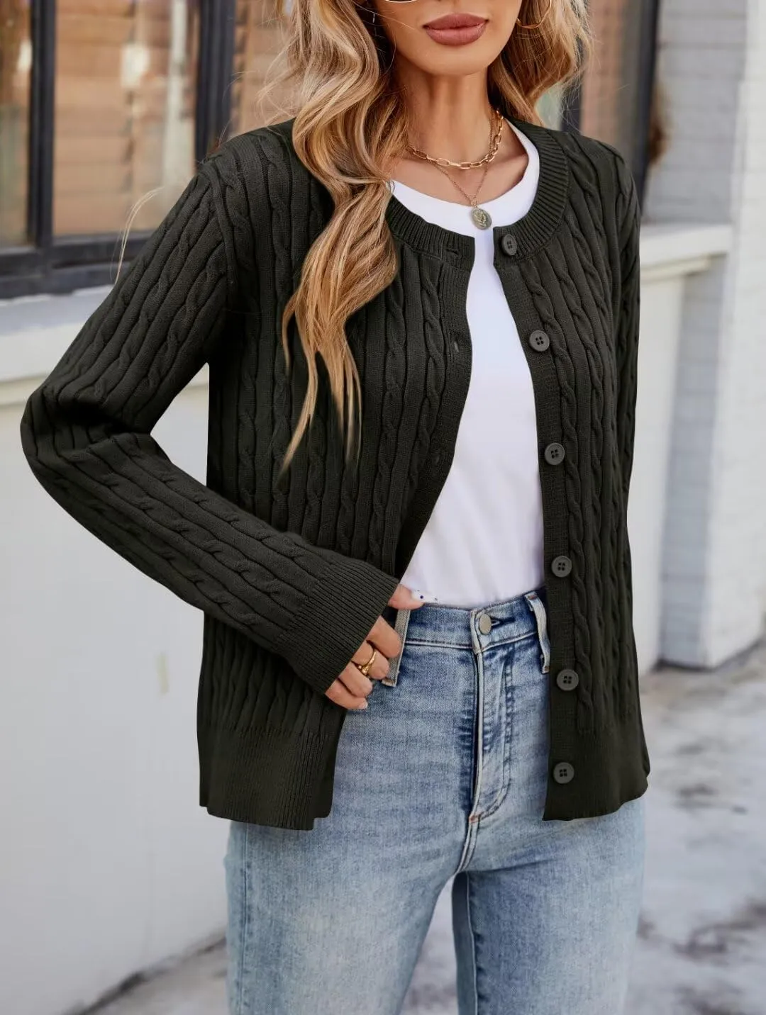 LEEDYA Women Long Sleeve Cable Knit Cardigan Button Down Open Front Cropped Sweater Crewneck Fall Jacket Tops Outfits