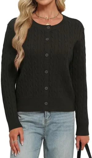 LEEDYA Women Long Sleeve Cable Knit Cardigan Button Down Open Front Cropped Sweater Crewneck Fall Jacket Tops Outfits