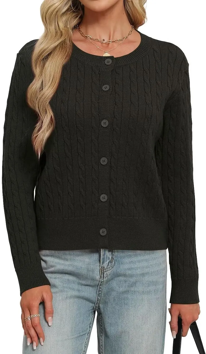 LEEDYA Women Long Sleeve Cable Knit Cardigan Button Down Open Front Cropped Sweater Crewneck Fall Jacket Tops Outfits