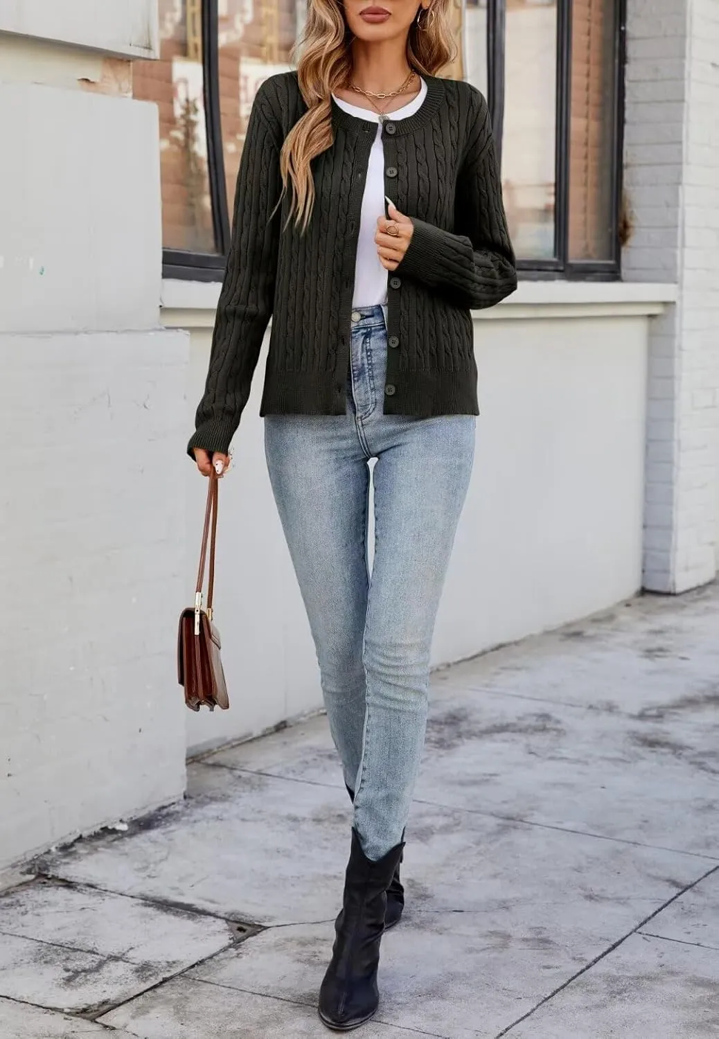 LEEDYA Women Long Sleeve Cable Knit Cardigan Button Down Open Front Cropped Sweater Crewneck Fall Jacket Tops Outfits