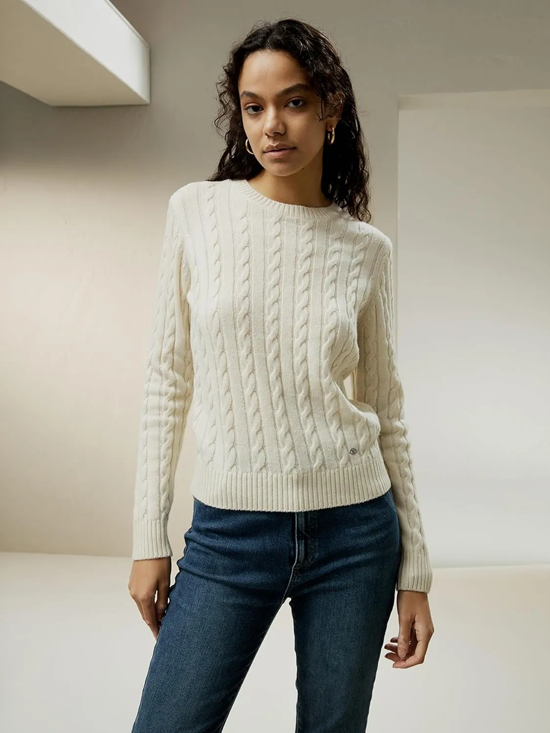 LilySilk Wool Cashmere Sweater for Women Basic Classic Ladies' Pullover Preppy Style Ribbed Cable Knit Fall Winter Top