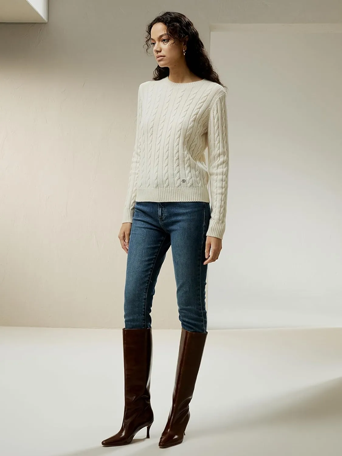 LilySilk Wool Cashmere Sweater for Women Basic Classic Ladies' Pullover Preppy Style Ribbed Cable Knit Fall Winter Top