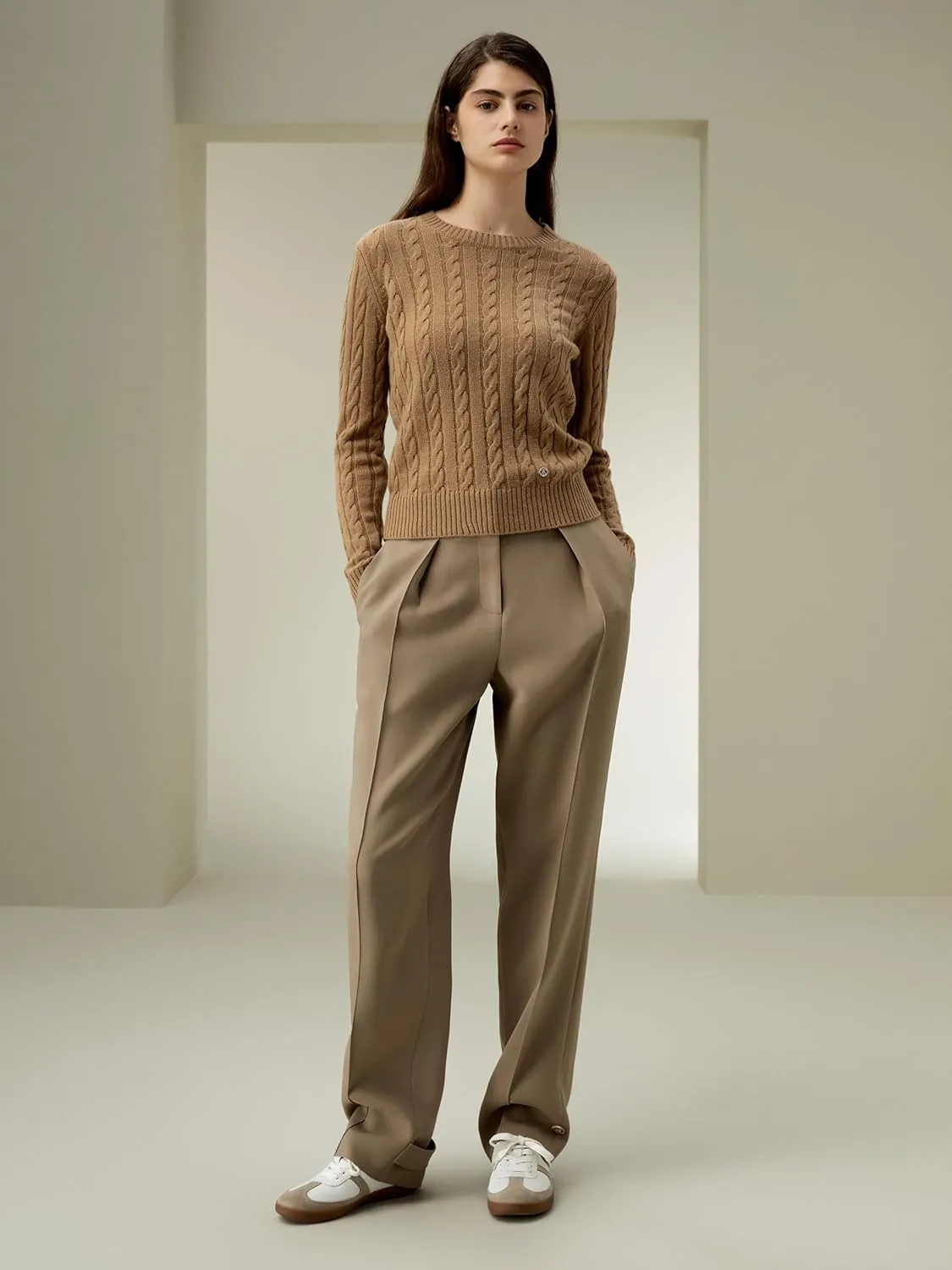 LilySilk Wool Cashmere Sweater for Women Basic Classic Ladies' Pullover Preppy Style Ribbed Cable Knit Fall Winter Top