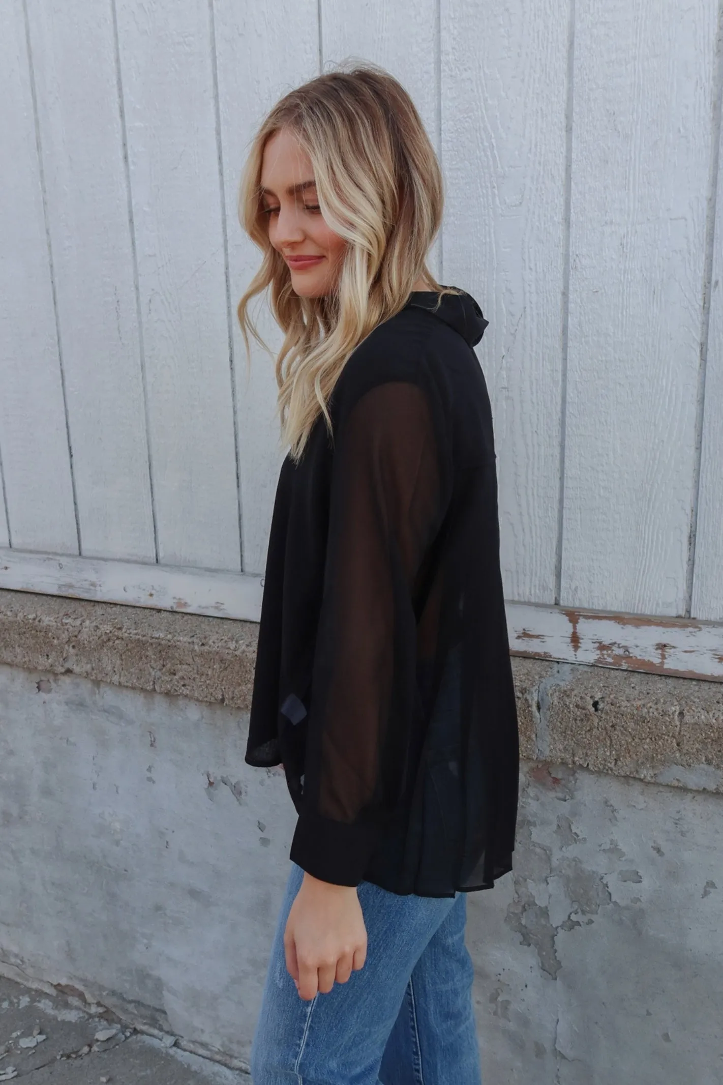 Liverpool Sheer Black Pleated Button Front Blouse