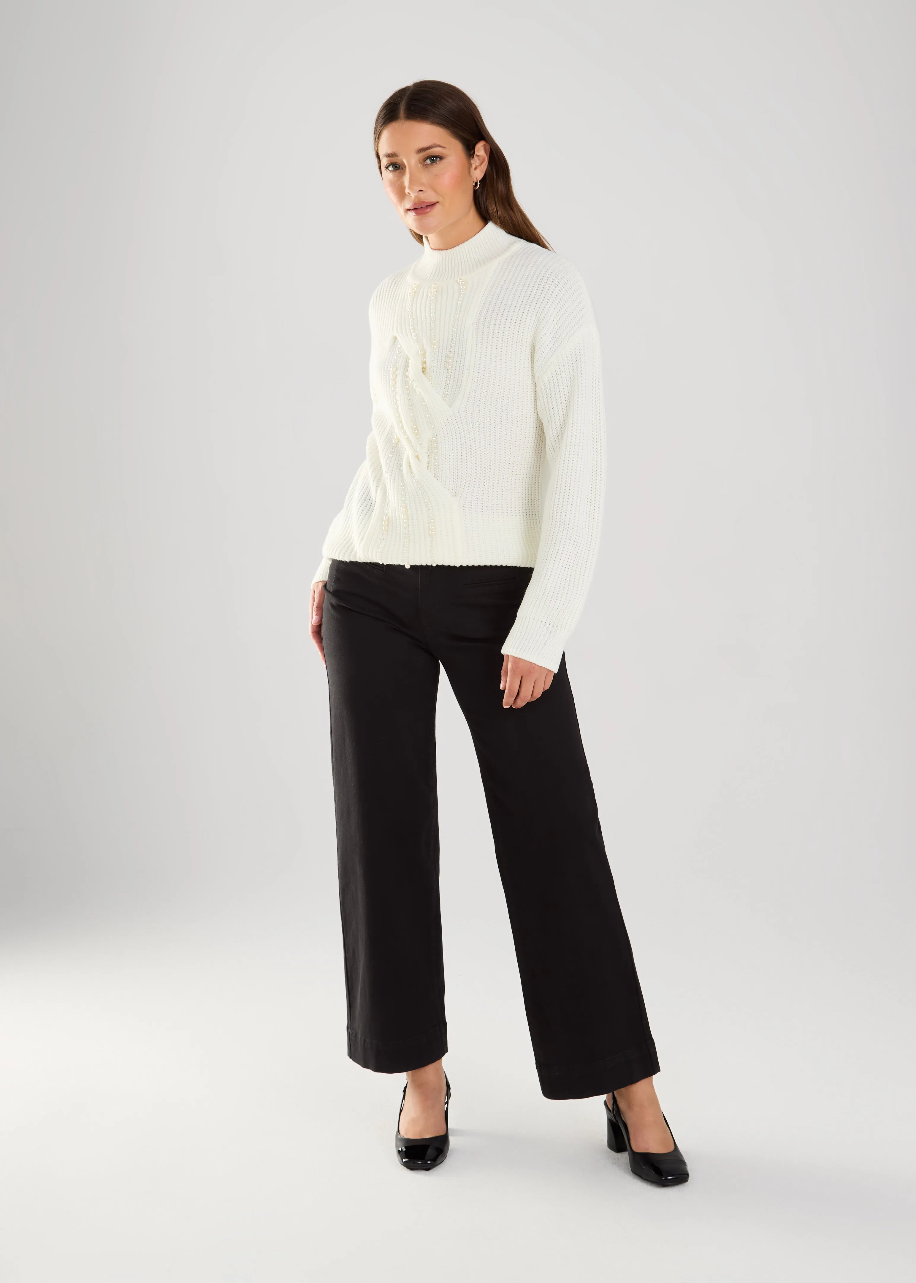 Long-Sleeve Embellished Mock Sweater