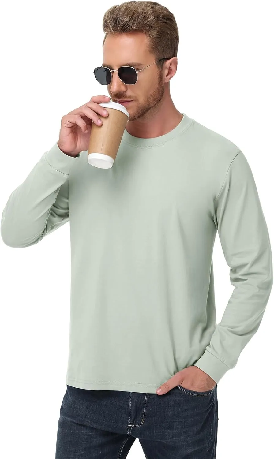 Men's Heavy Weight Long Sleeve T Shirt Crew Neck Comfort Colors Sweatshirt Cotton Thick Pre Shrunk Shirts