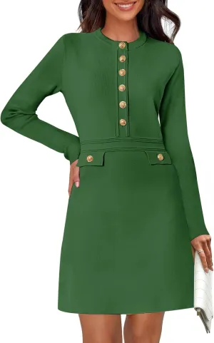 MEROKEETY Women's Long Sleeve Bodycon Sweater Dress Button Crew Neck Elegant Formal Mini Dresses