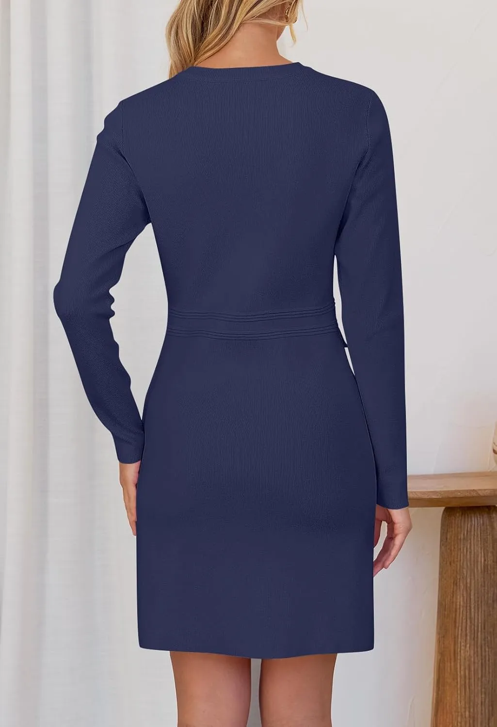 MEROKEETY Women's Long Sleeve Bodycon Sweater Dress Button Crew Neck Elegant Formal Mini Dresses