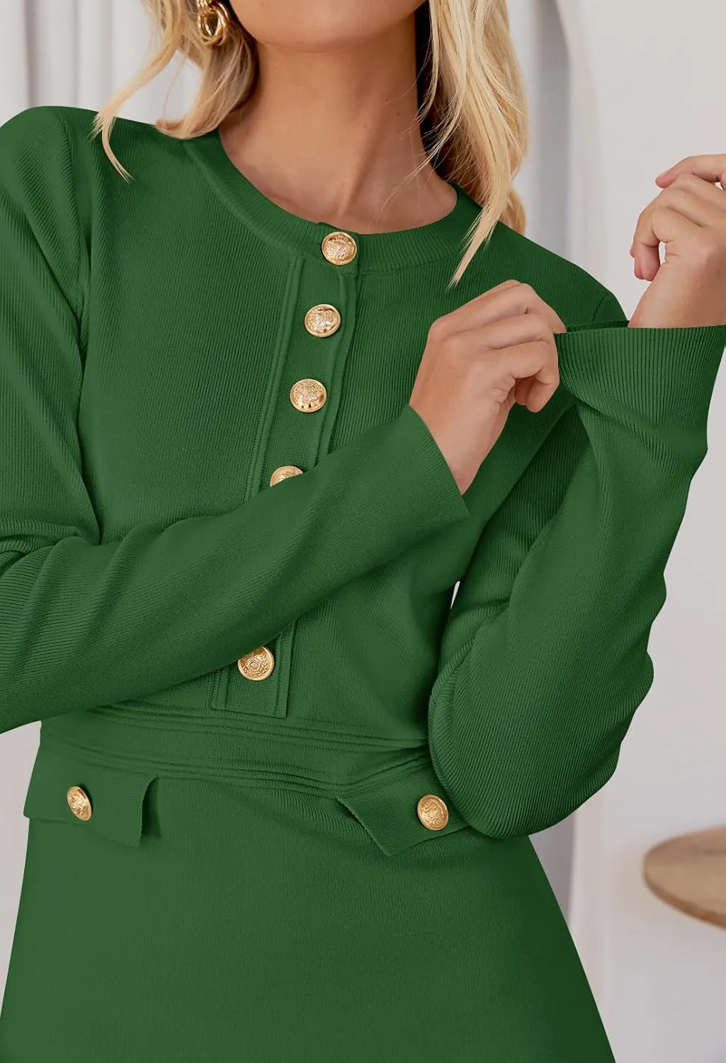 MEROKEETY Women's Long Sleeve Bodycon Sweater Dress Button Crew Neck Elegant Formal Mini Dresses