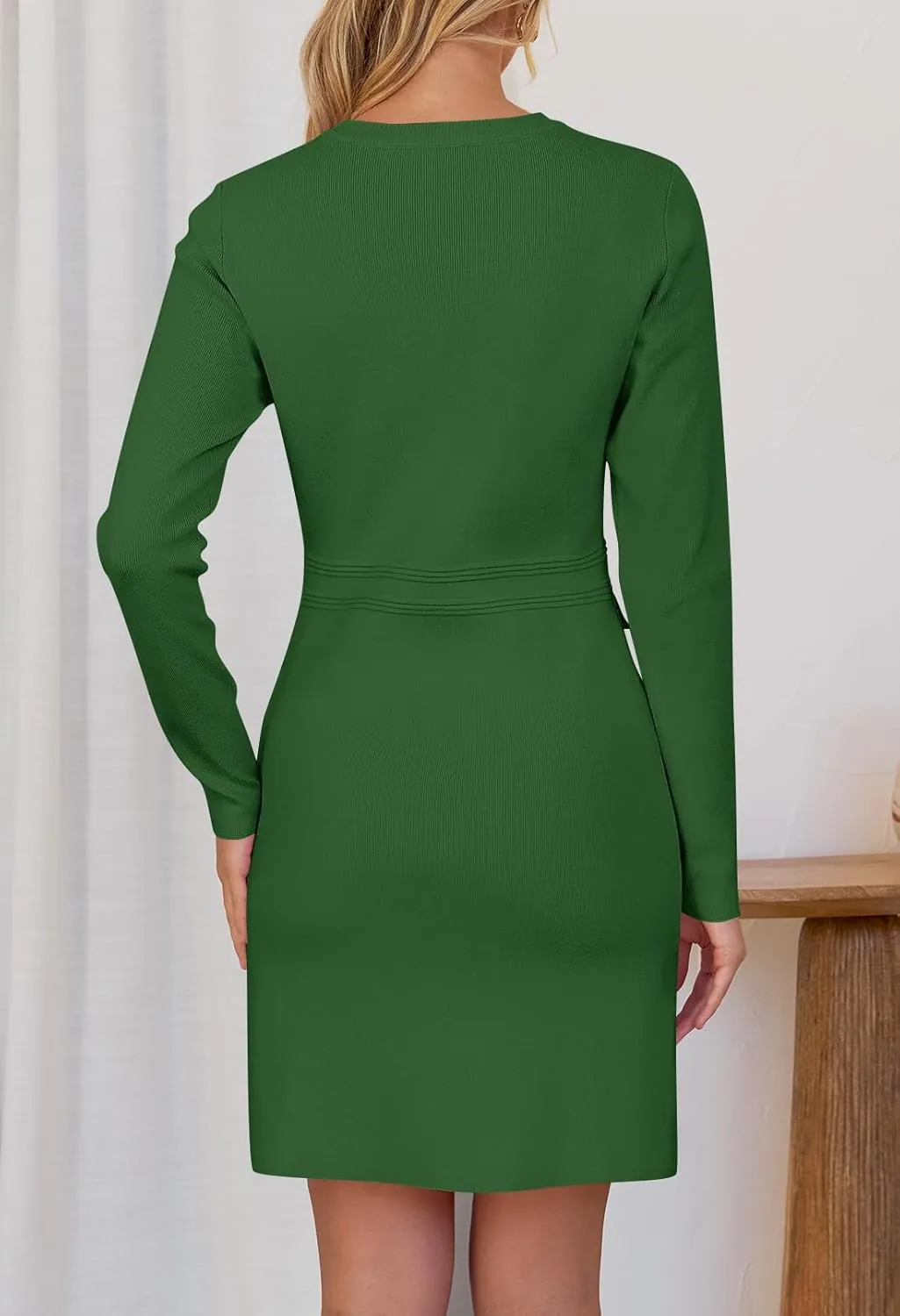MEROKEETY Women's Long Sleeve Bodycon Sweater Dress Button Crew Neck Elegant Formal Mini Dresses