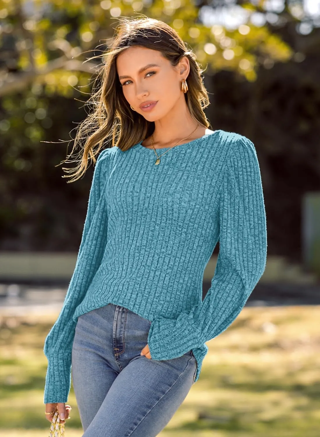 MIHOLL Women's Puff Long Sleeve Shirts Casual Knit Blouses Crew Neck Elegant Tunic Tops