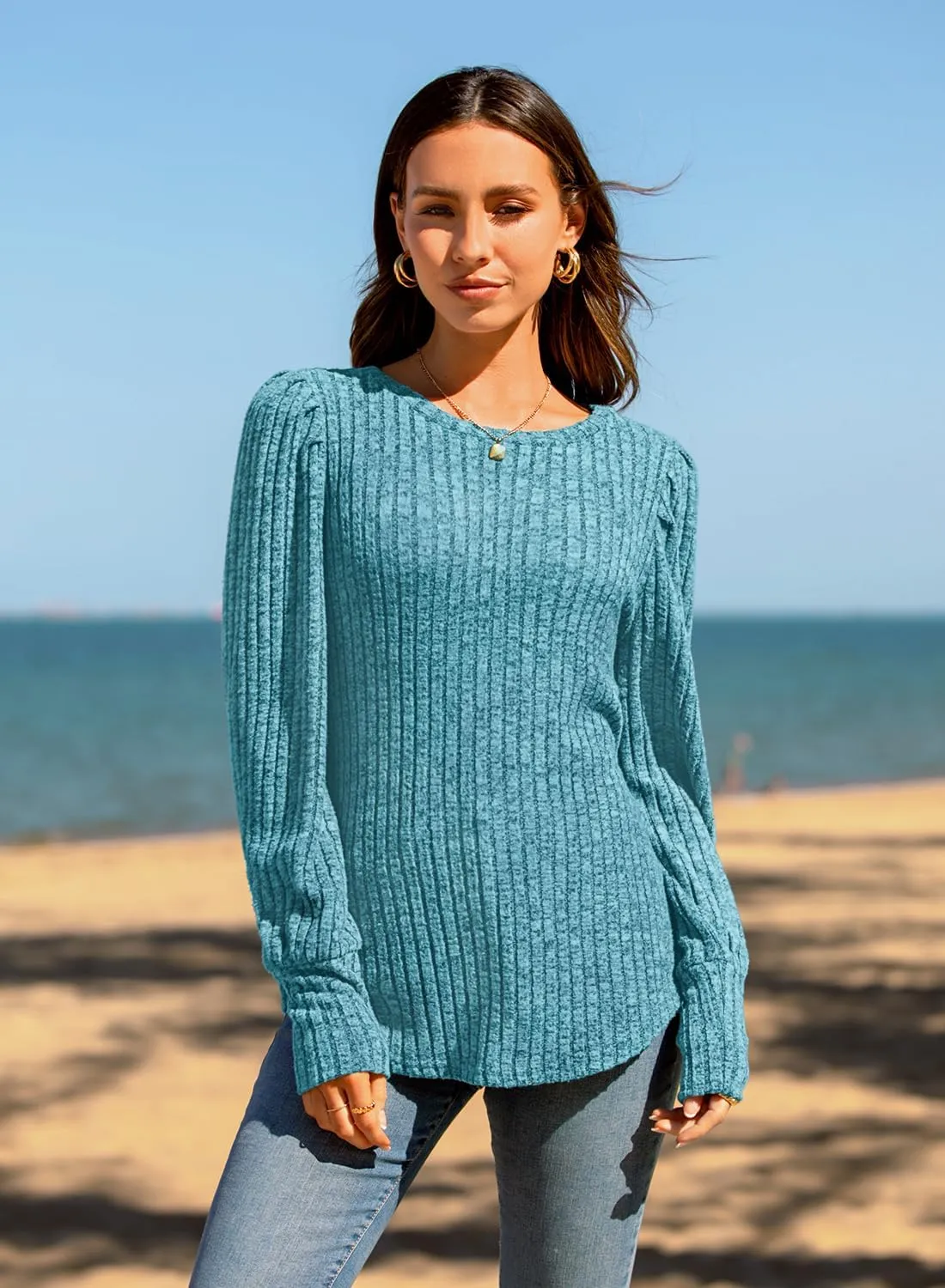 MIHOLL Women's Puff Long Sleeve Shirts Casual Knit Blouses Crew Neck Elegant Tunic Tops