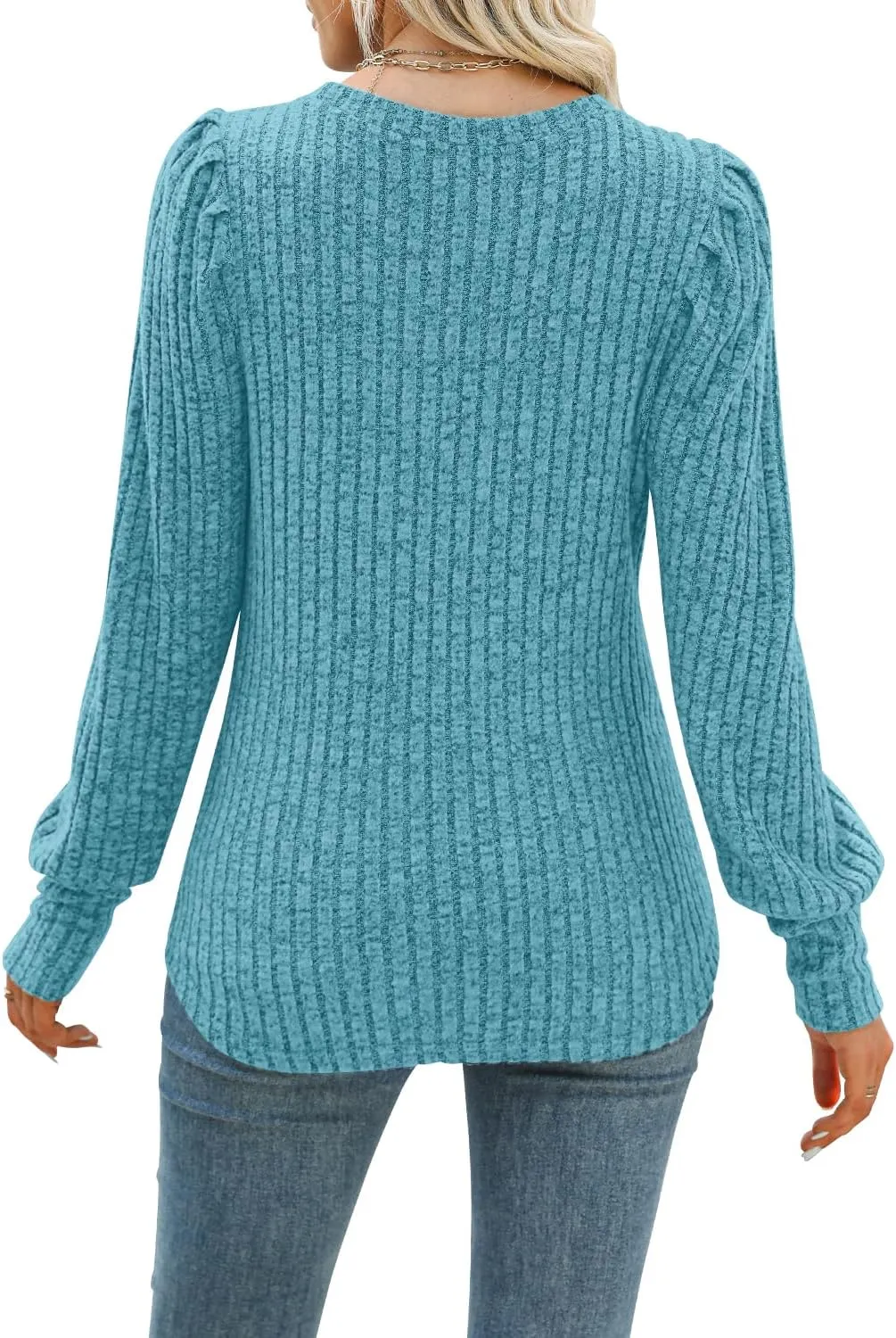 MIHOLL Women's Puff Long Sleeve Shirts Casual Knit Blouses Crew Neck Elegant Tunic Tops