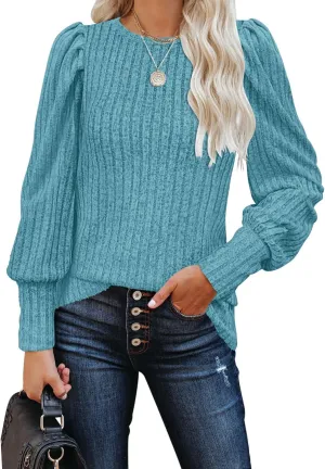 MIHOLL Women's Puff Long Sleeve Shirts Casual Knit Blouses Crew Neck Elegant Tunic Tops