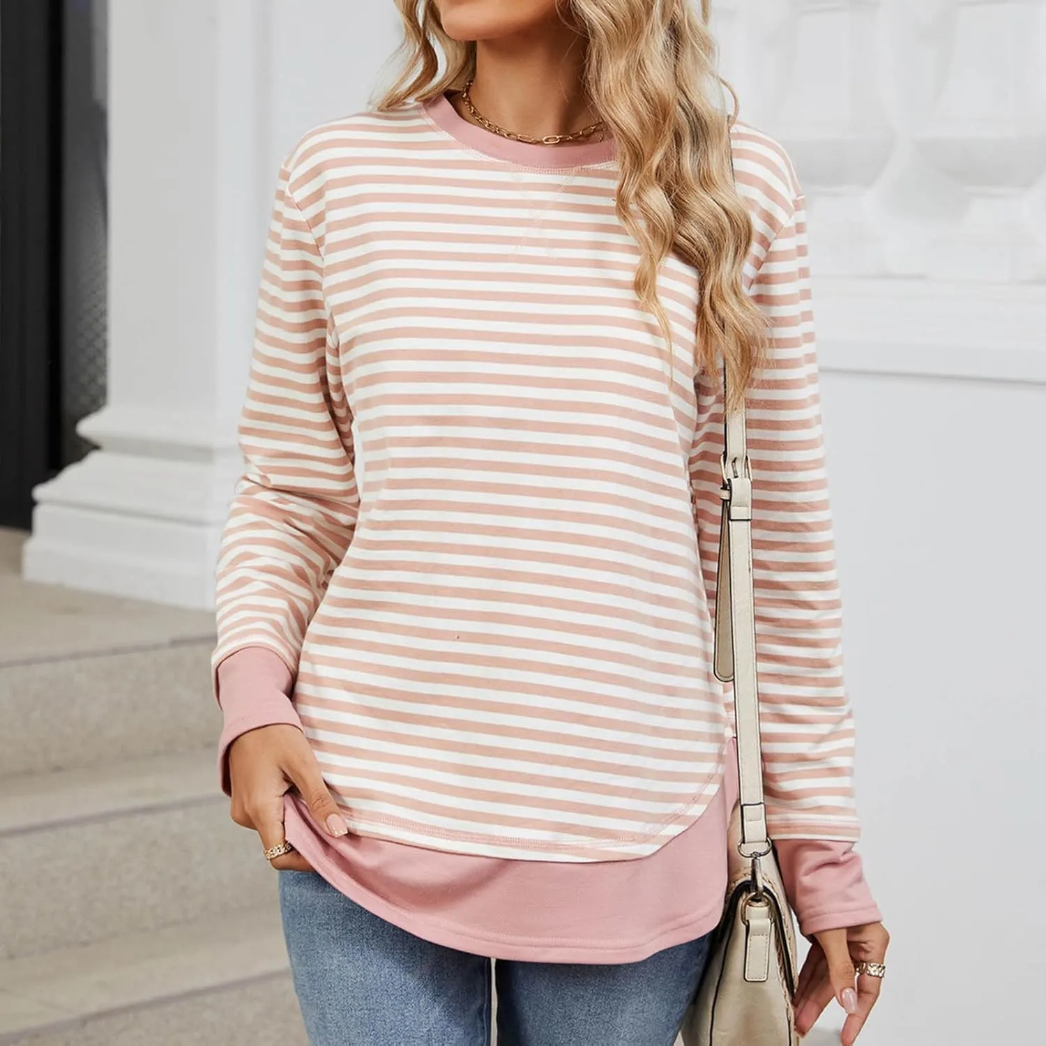 Oversized Sweatshirt For Women Striped Color Block Pullover Long Sleeve Crew Neck Blouses Tops Teen Girls Y2K Clothes
