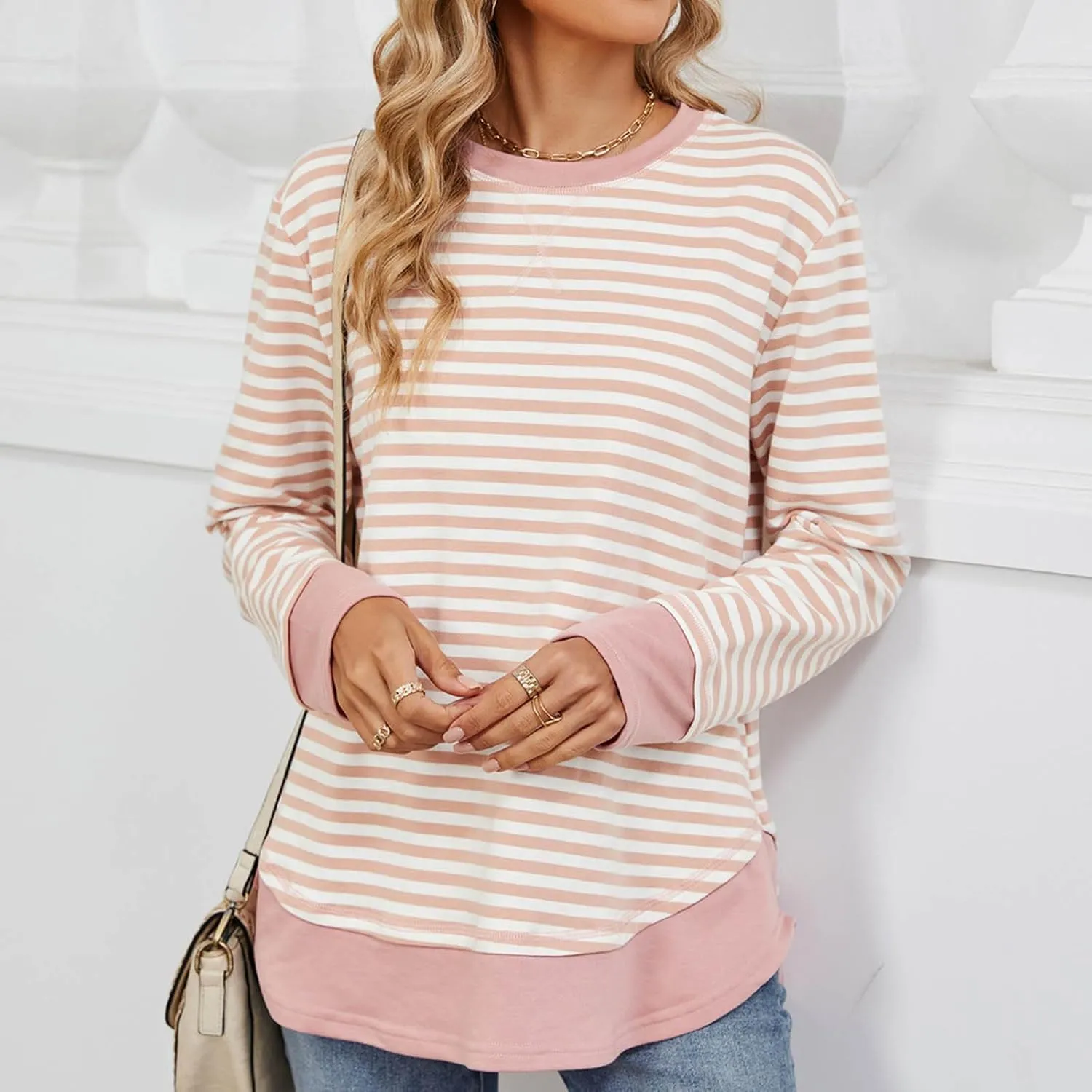 Oversized Sweatshirt For Women Striped Color Block Pullover Long Sleeve Crew Neck Blouses Tops Teen Girls Y2K Clothes