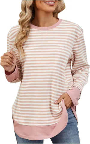 Oversized Sweatshirt For Women Striped Color Block Pullover Long Sleeve Crew Neck Blouses Tops Teen Girls Y2K Clothes
