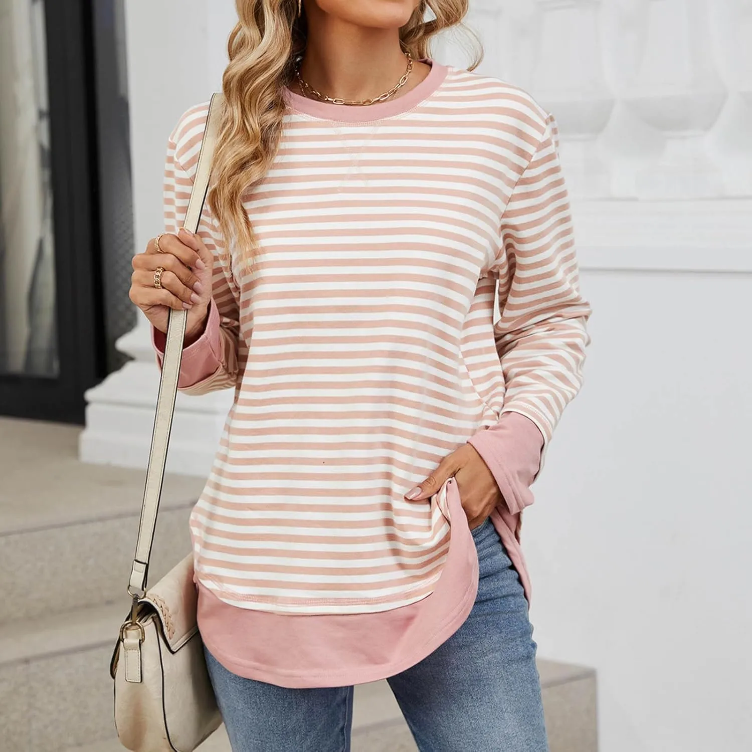 Oversized Sweatshirt For Women Striped Color Block Pullover Long Sleeve Crew Neck Blouses Tops Teen Girls Y2K Clothes