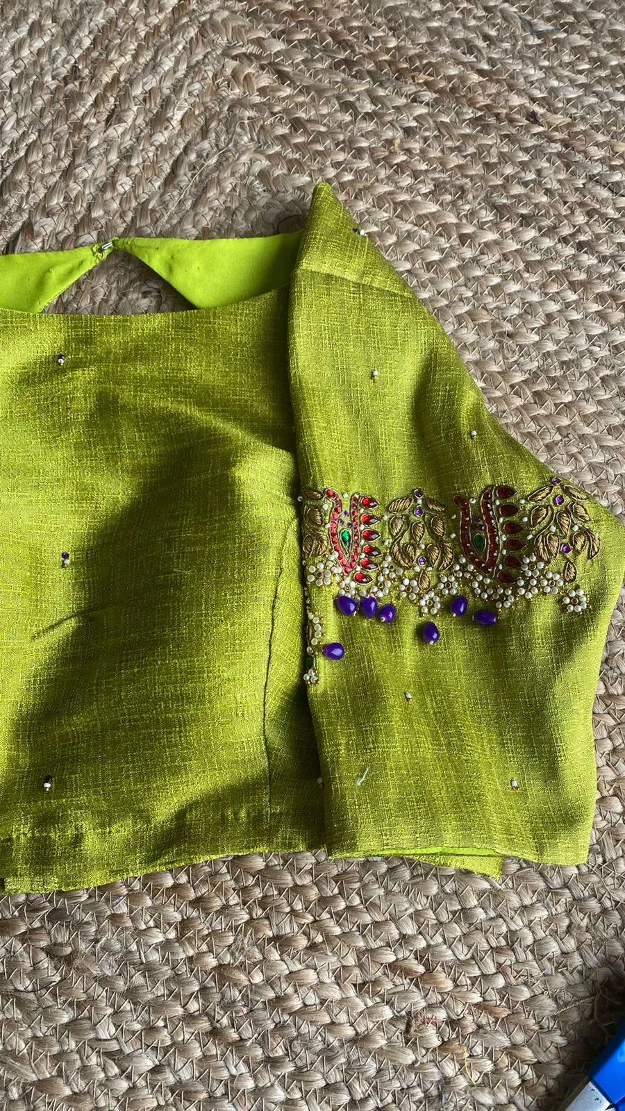 Parrot green silk embroidery hand worked blouse
