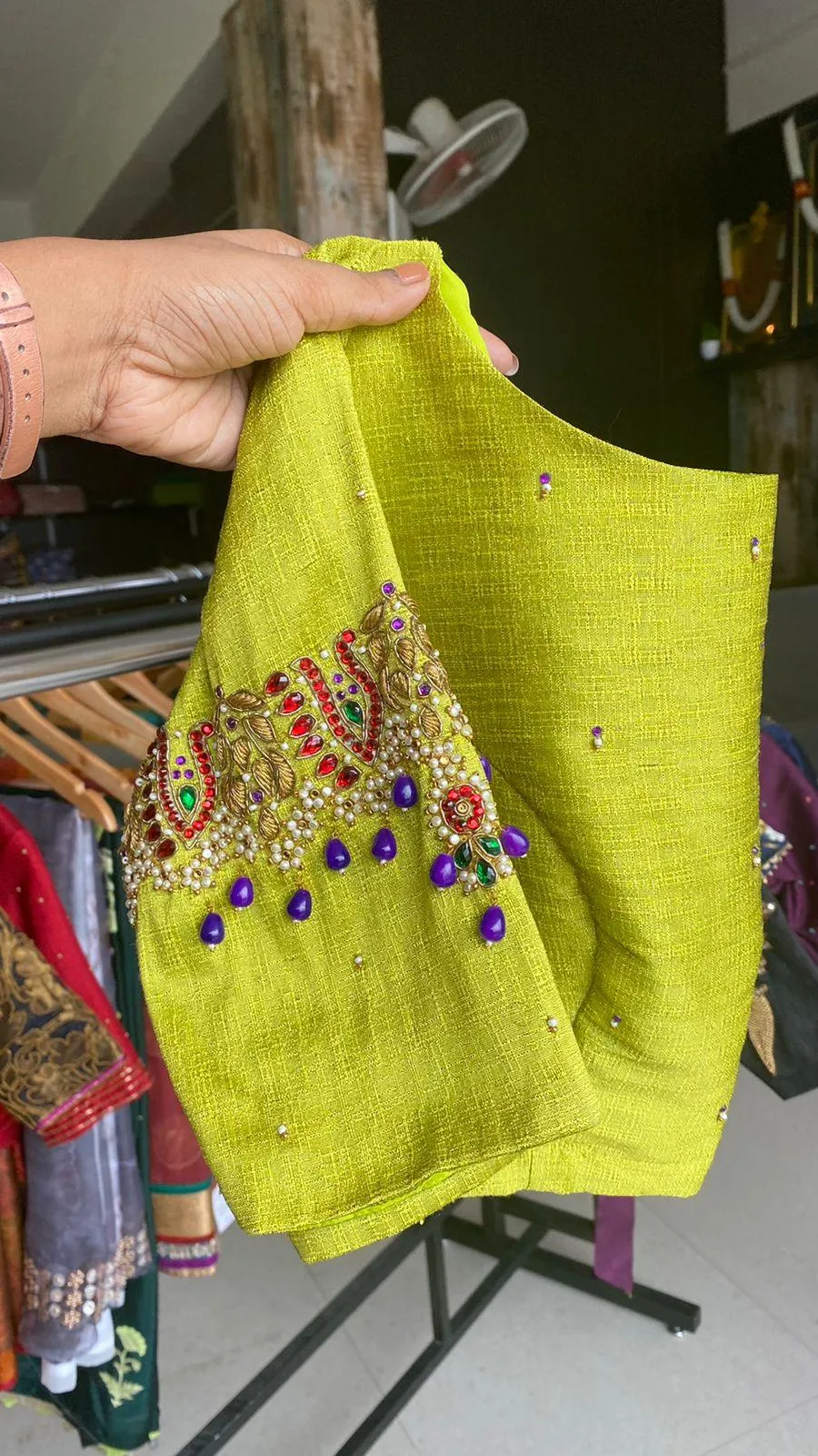 Parrot green silk embroidery hand worked blouse
