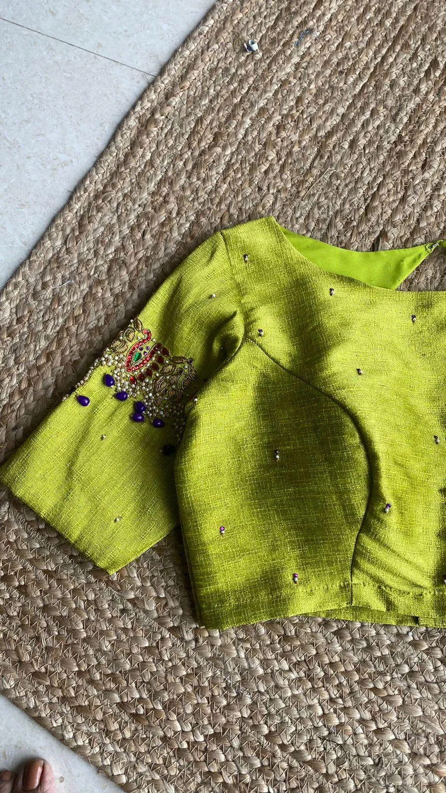 Parrot green silk embroidery hand worked blouse