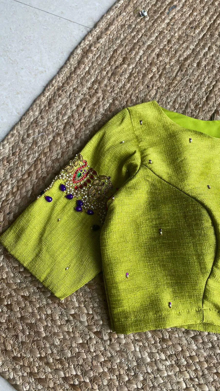 Parrot green silk embroidery hand worked blouse