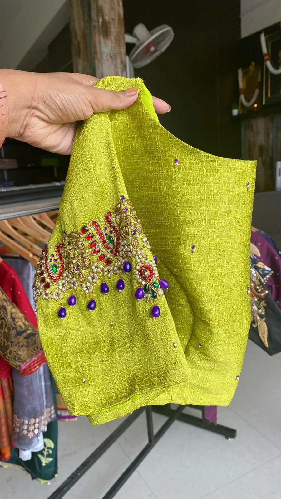 Parrot green silk embroidery hand worked blouse