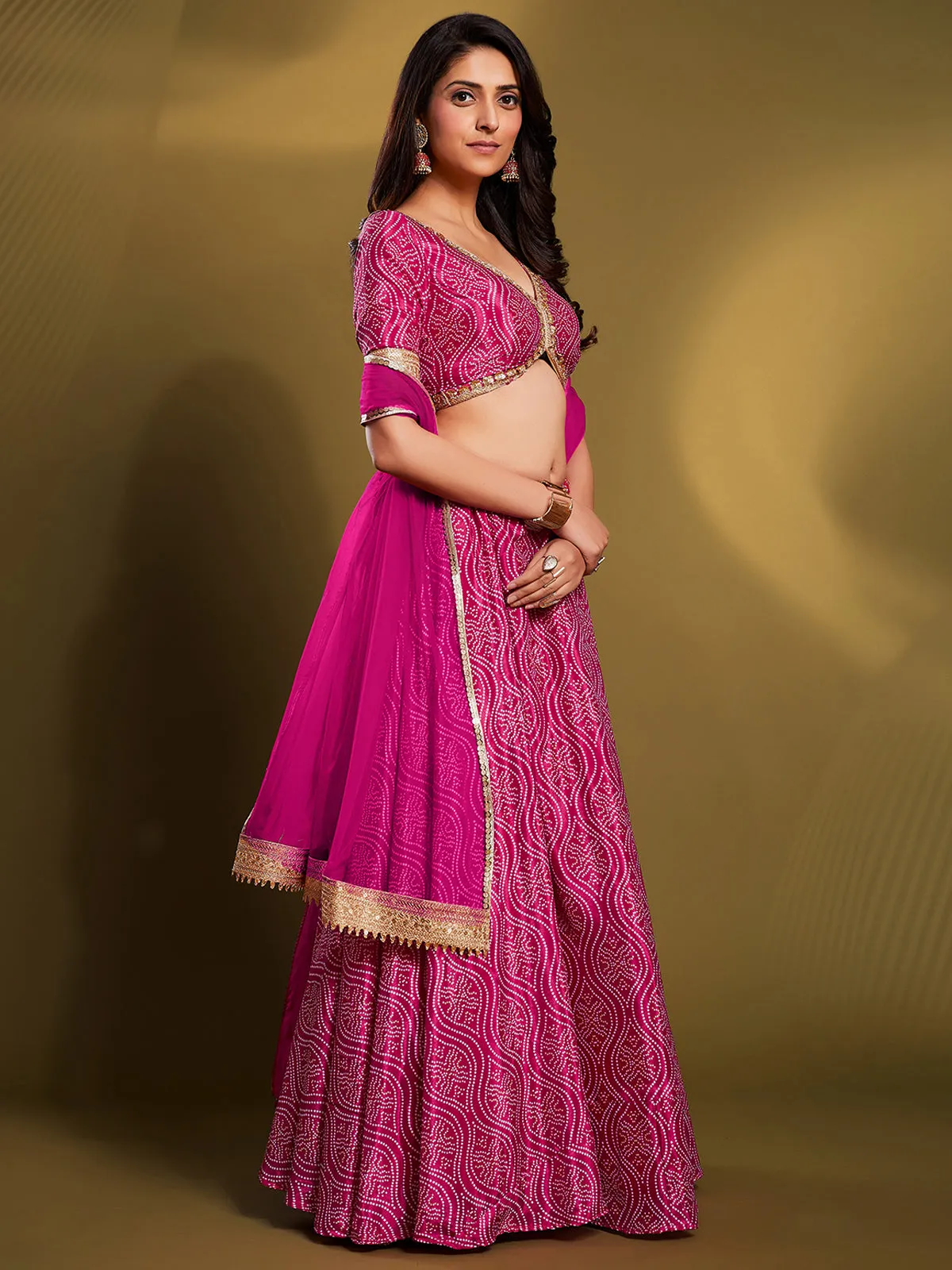 Pink Crepe Bandhani Print Semi Stitched Lehenga Choli