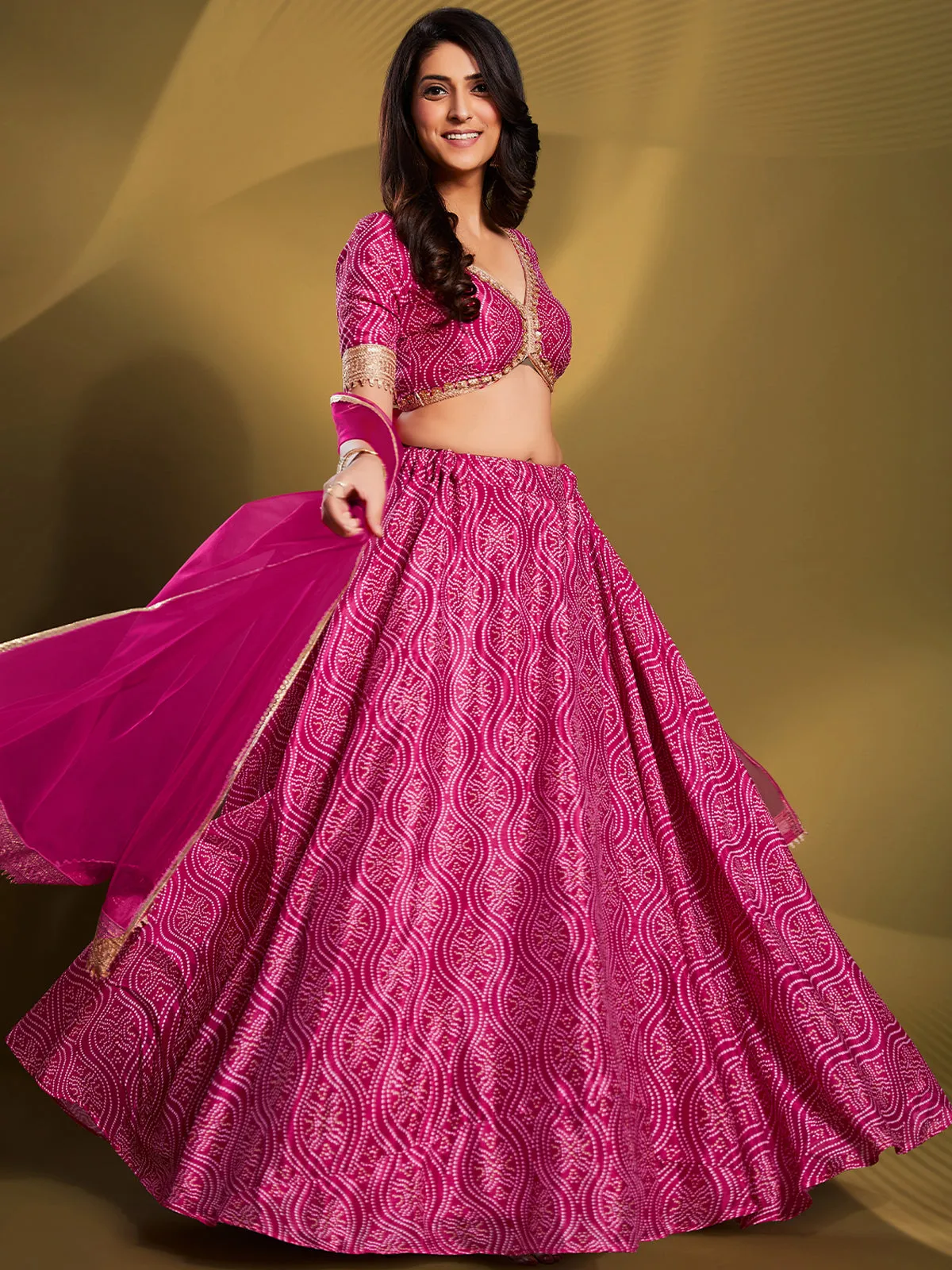 Pink Crepe Bandhani Print Semi Stitched Lehenga Choli