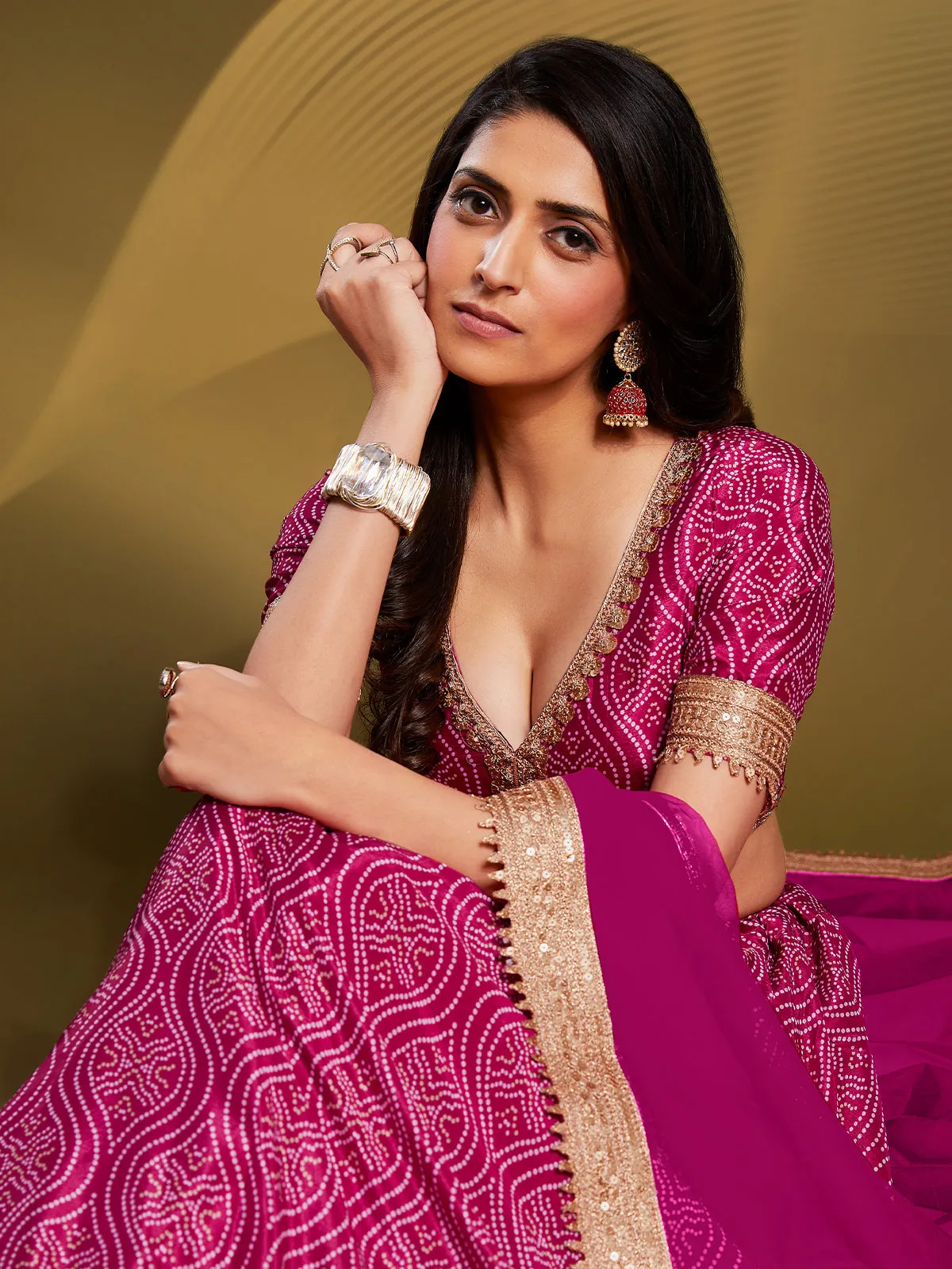 Pink Crepe Bandhani Print Semi Stitched Lehenga Choli