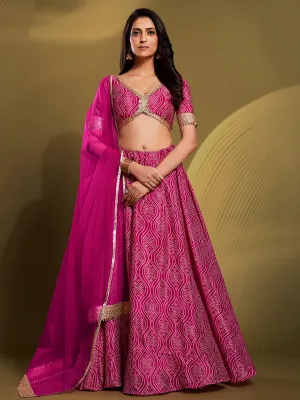 Pink Crepe Bandhani Print Semi Stitched Lehenga Choli