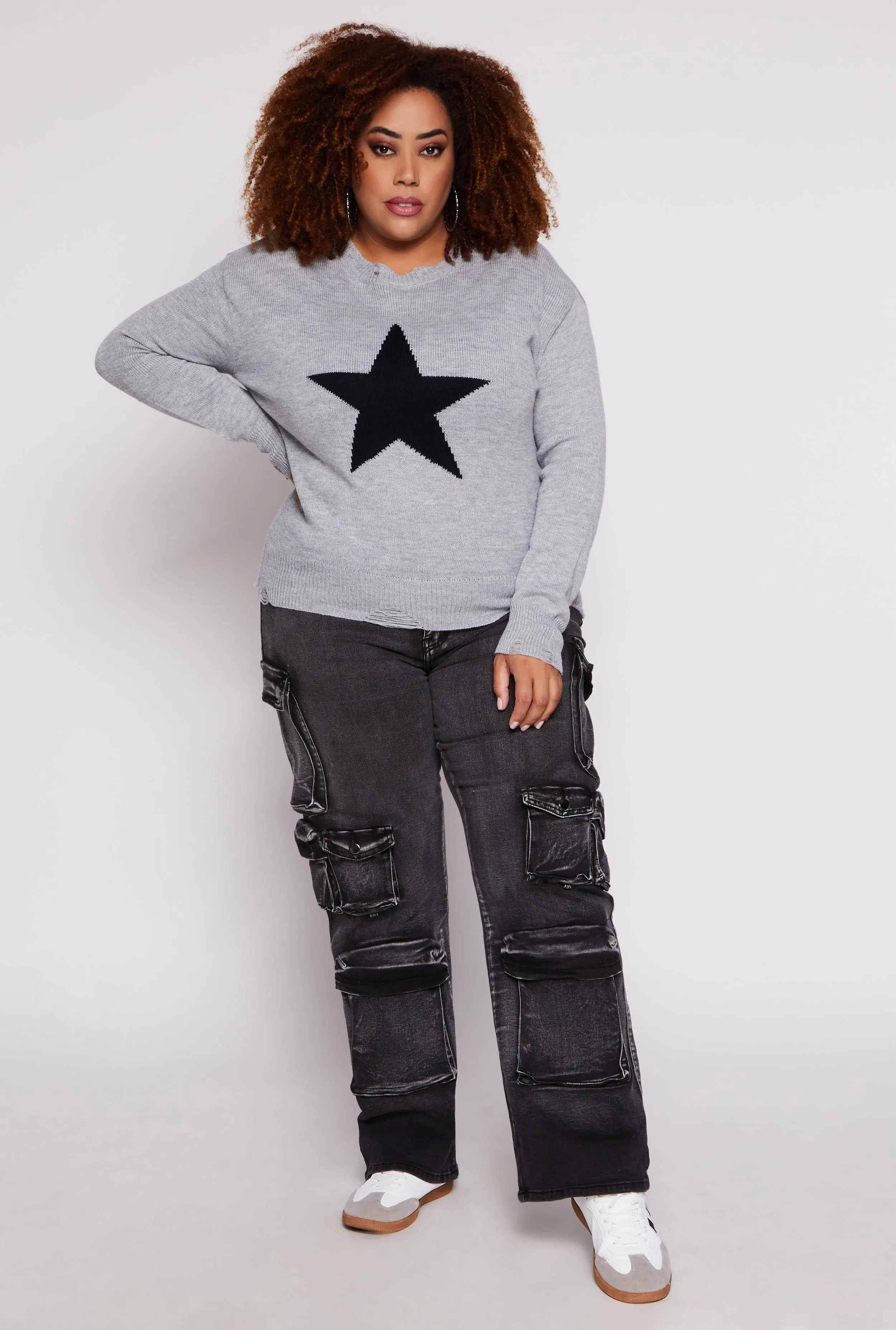 Plus Size Star Distressed Sweater