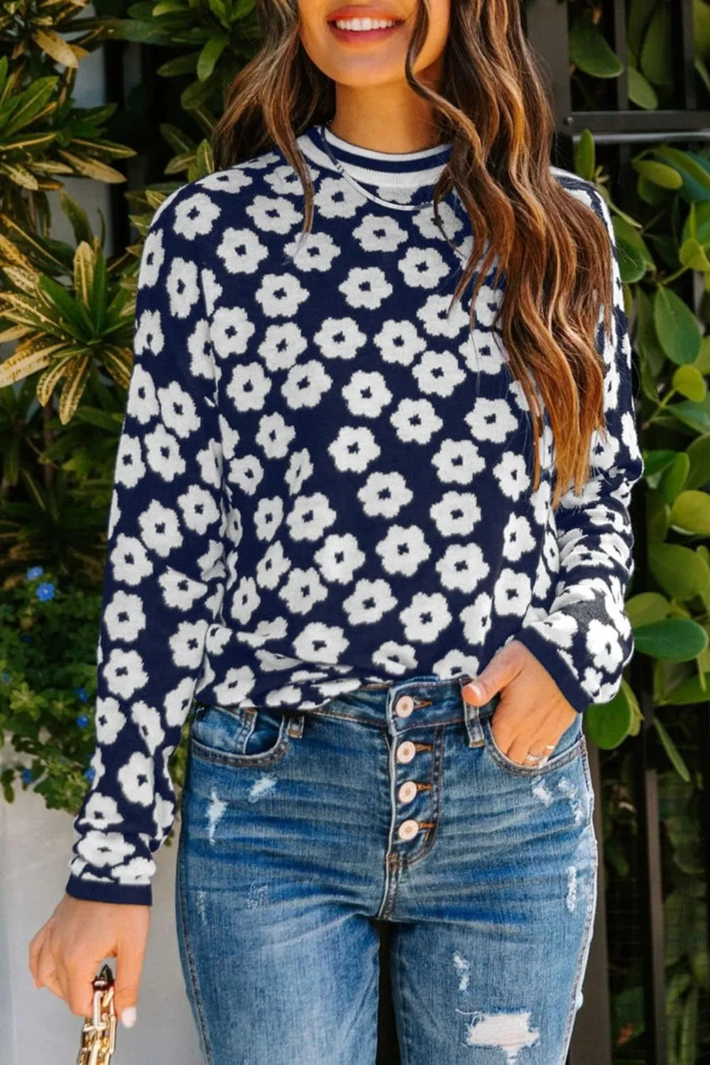 PRETTYGARDEN Women's Knit Floral Print Sweater Crewneck Long Sleeve Lightweight Pullover Sweatshirt