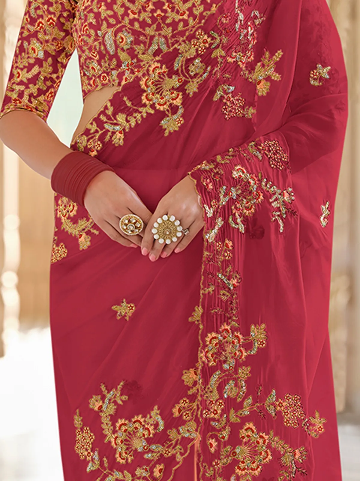 Red Organza Embroidered Saree With Unstitched Blouse