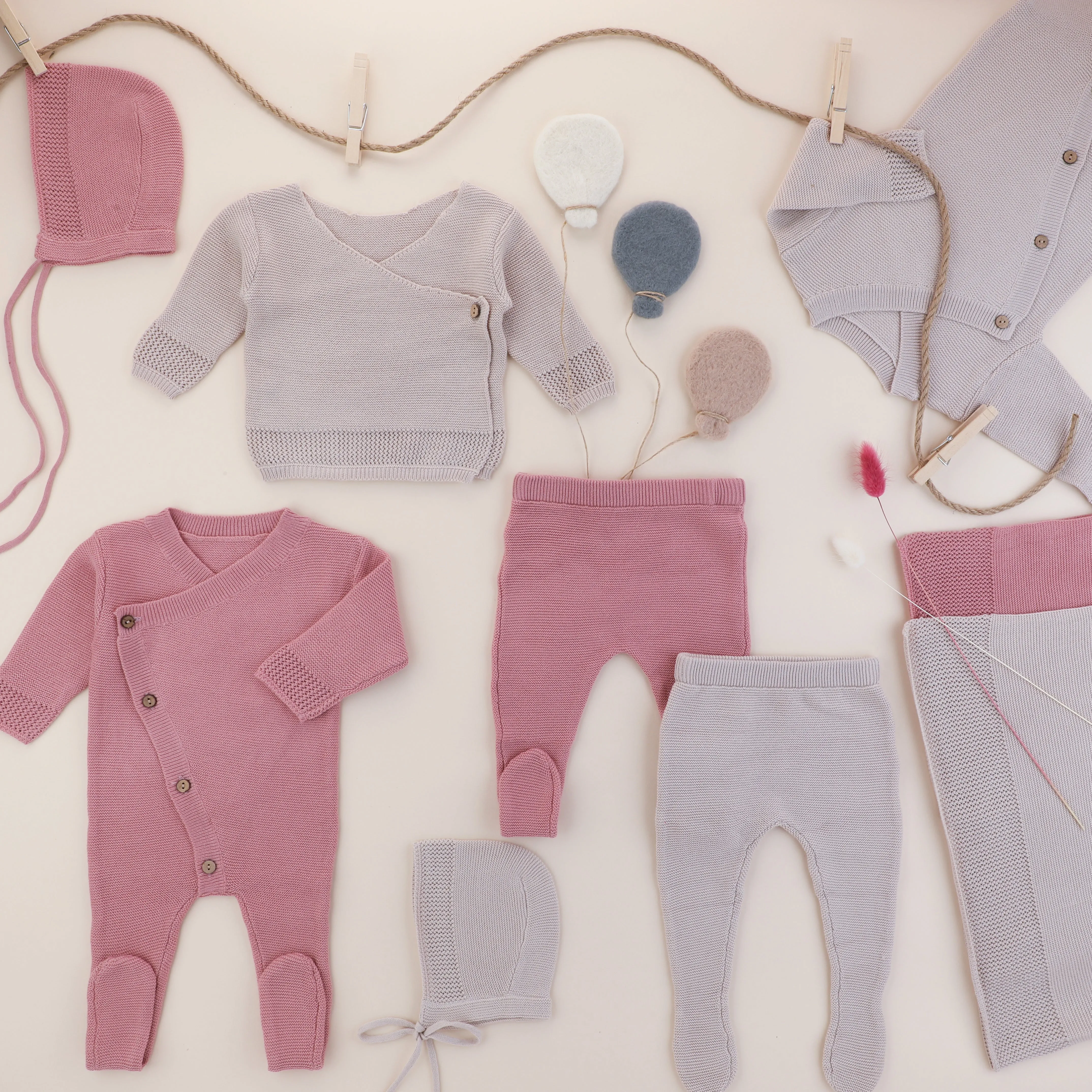 Rommp Eyelet Trim Dusty Pink Knit Onesie W/Bonnet