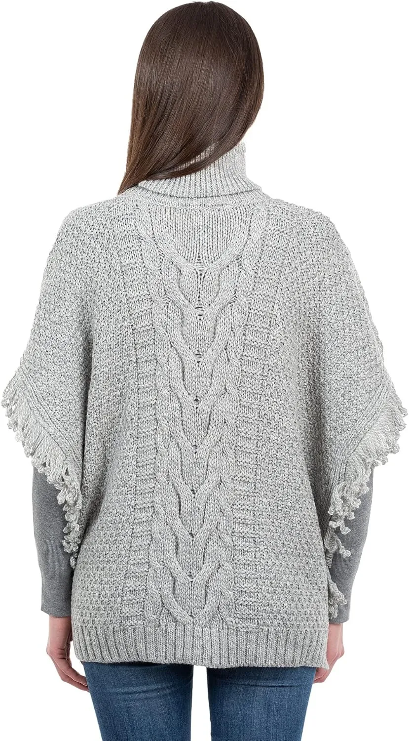 SAOL Irish Merino Wool Poncho for Women Aran Cowl Neck Cape