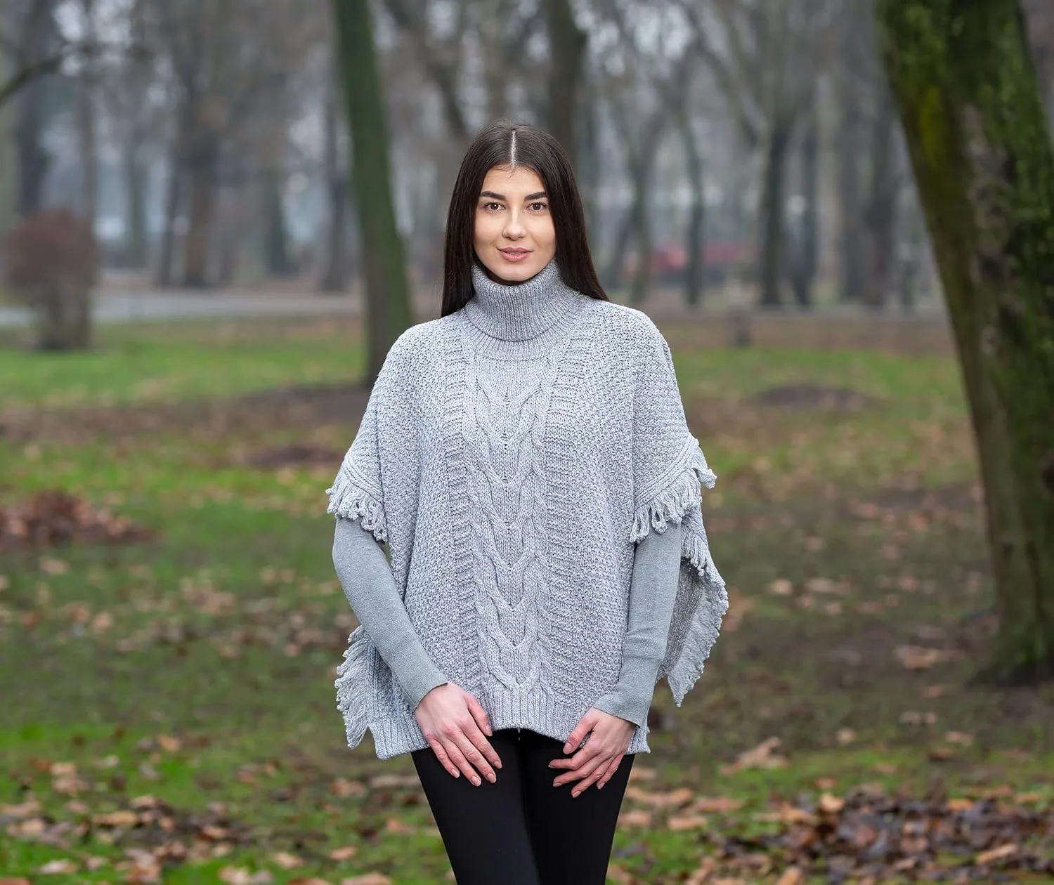 SAOL Irish Merino Wool Poncho for Women Aran Cowl Neck Cape