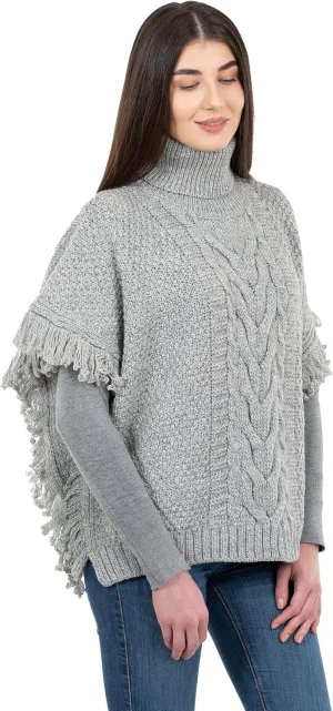 SAOL Irish Merino Wool Poncho for Women Aran Cowl Neck Cape