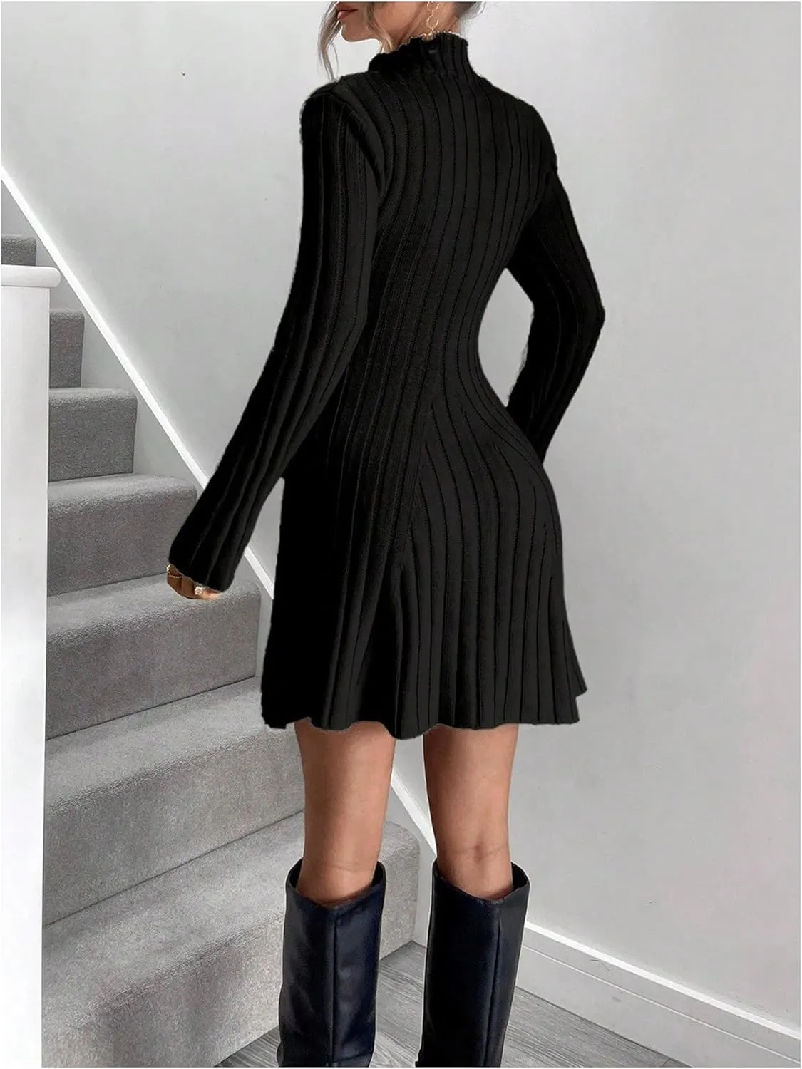 SOLY HUX Women's Long Sleeve Sweater Dress Mock Neck Ribbed Knit Elegant Flared Mini Dresses